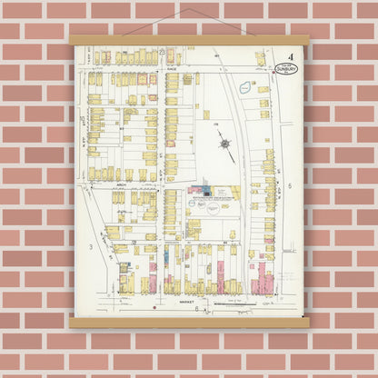 Old map wall art mockup — magnetic wood frame on brick wall — Sanborn Fire Insurance Map from Sunbury, Northumberland County, Pennsylvania (1918), Sheet #0004
