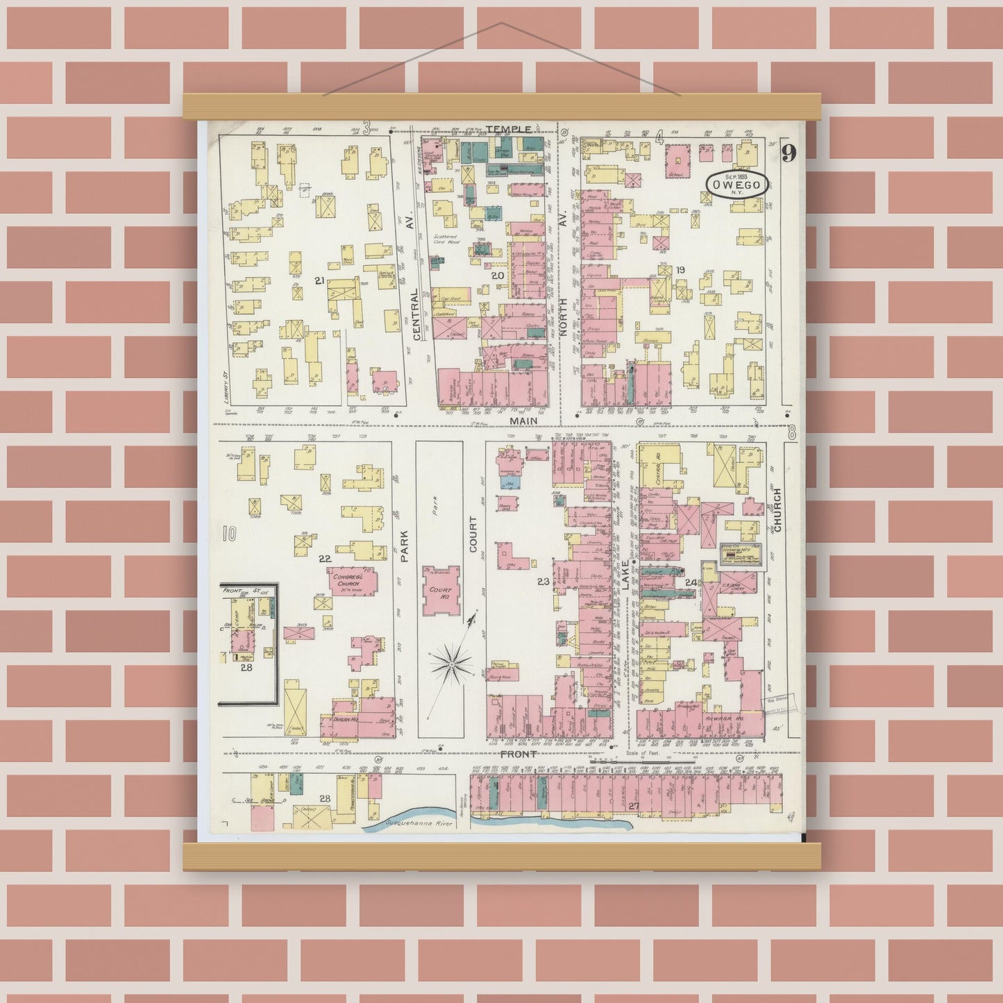 Old map wall art mockup — magnetic wood frame on brick wall — Sanborn Fire Insurance Map from Owego, Tioga County, New York (1893), Sheet #0009