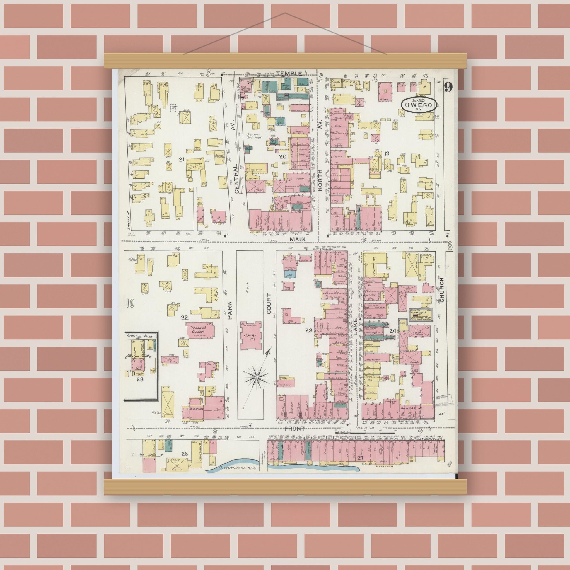 Old map wall art mockup — magnetic wood frame on brick wall — Sanborn Fire Insurance Map from Owego, Tioga County, New York (1893), Sheet #0009