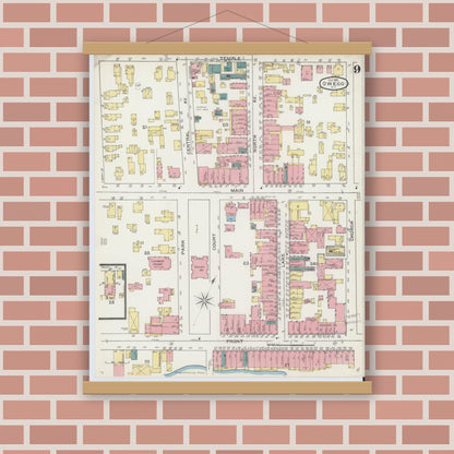 Old map wall art mockup — magnetic wood frame on brick wall — Sanborn Fire Insurance Map from Owego, Tioga County, New York (1893), Sheet #0009