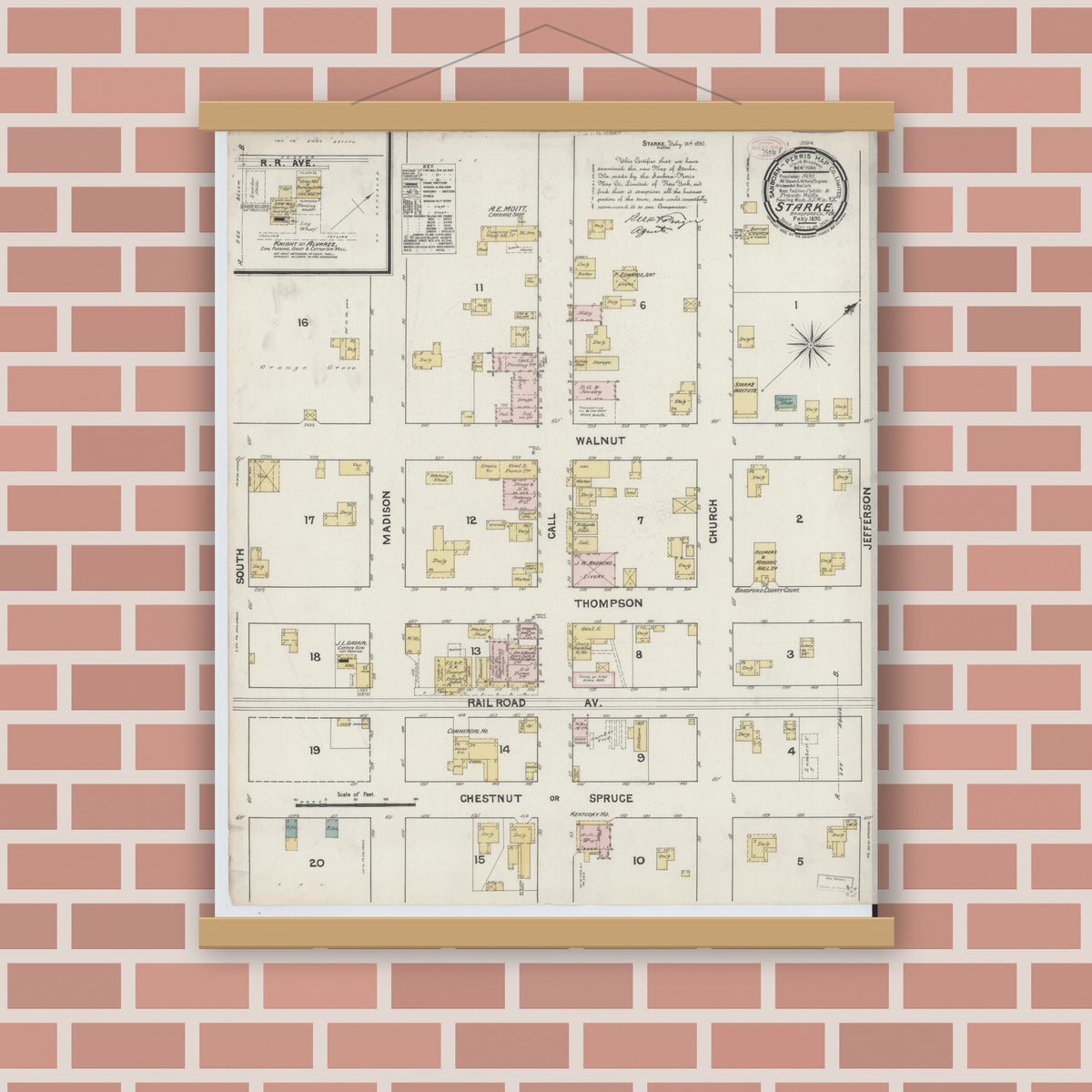 Old map wall art mockup — magnetic wood frame on brick wall — Sanborn Fire Insurance Map from Starke, Bradford County, Florida (1890), Sheet #0001