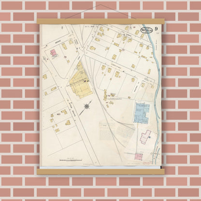 Old map wall art mockup — magnetic wood frame on brick wall — Sanborn Fire Insurance Map from Waterloo, Seneca County, New York (1948), Sheet #0009