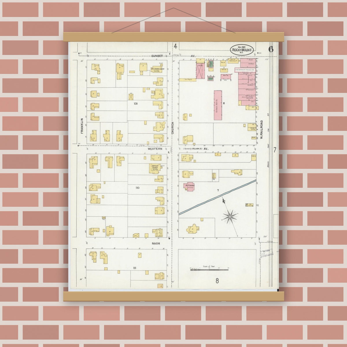 Old map wall art mockup — magnetic wood frame on brick wall — Sanborn Fire Insurance Map from Rocky Mount, Edgecombe And Nash Counties, North Carolina (1901), Sheet #0006