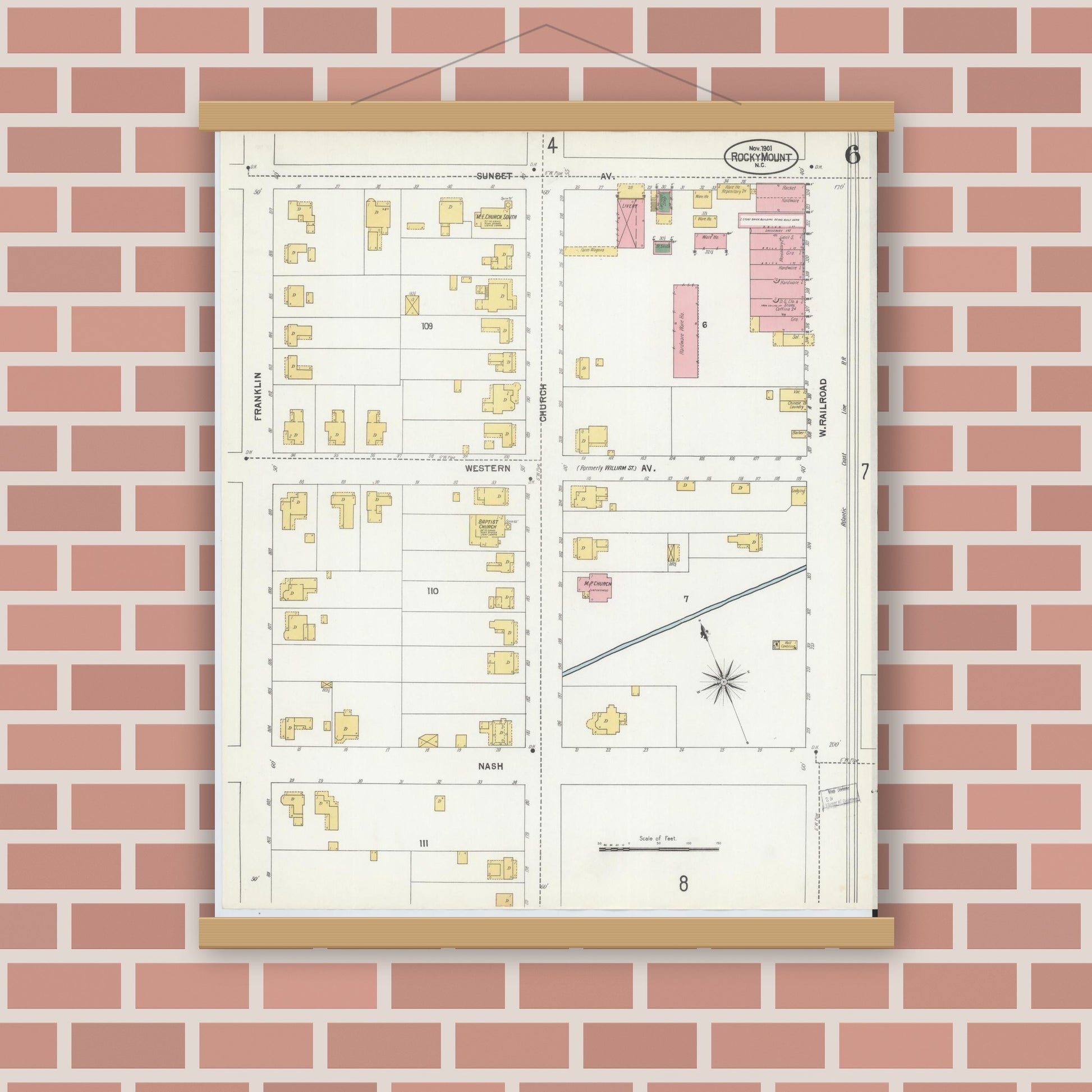 Old map wall art mockup — magnetic wood frame on brick wall — Sanborn Fire Insurance Map from Rocky Mount, Edgecombe And Nash Counties, North Carolina (1901), Sheet #0006