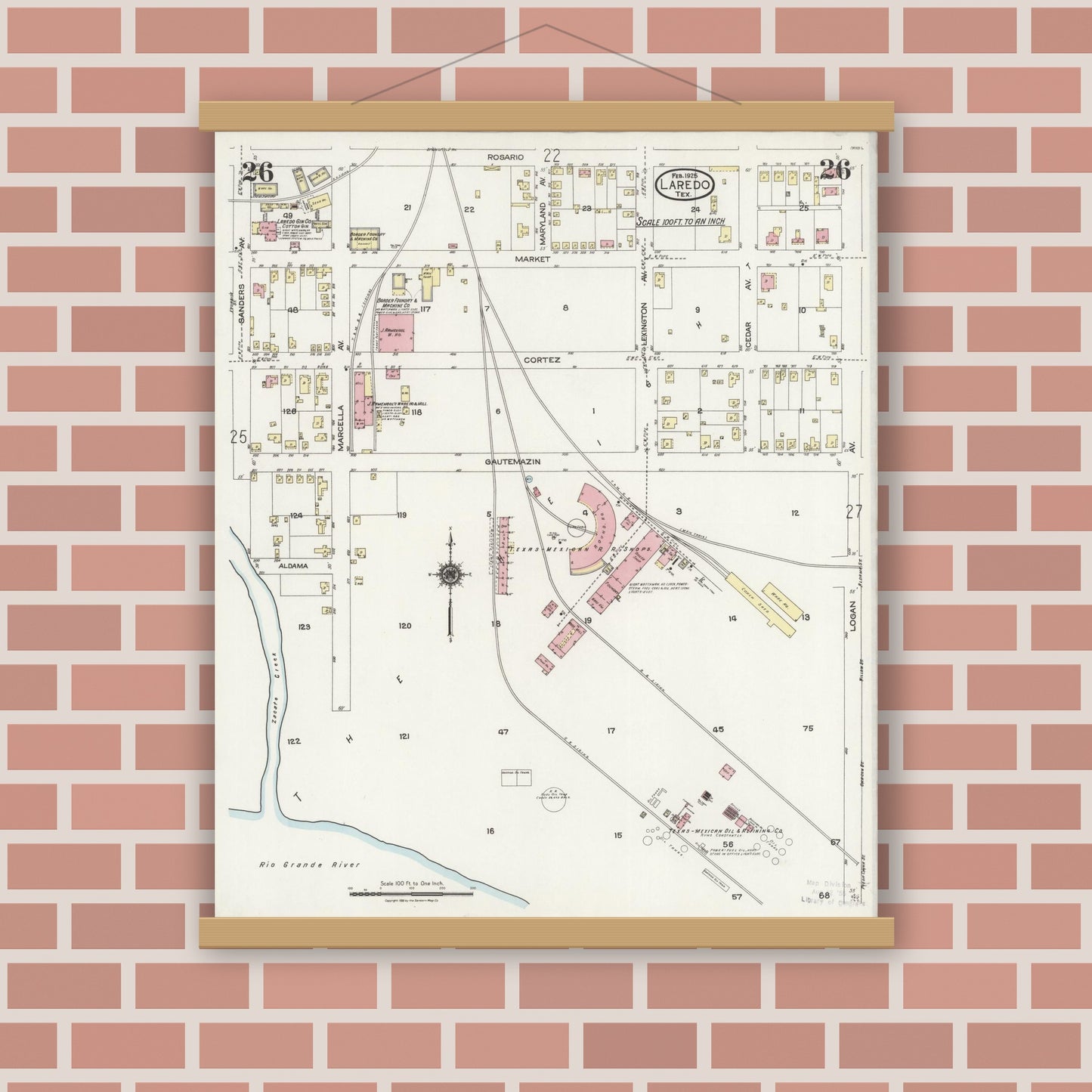 Old map wall art mockup — magnetic wood frame on brick wall — Sanborn Fire Insurance Map from Laredo, Webb County, Texas (1925), Sheet #0026