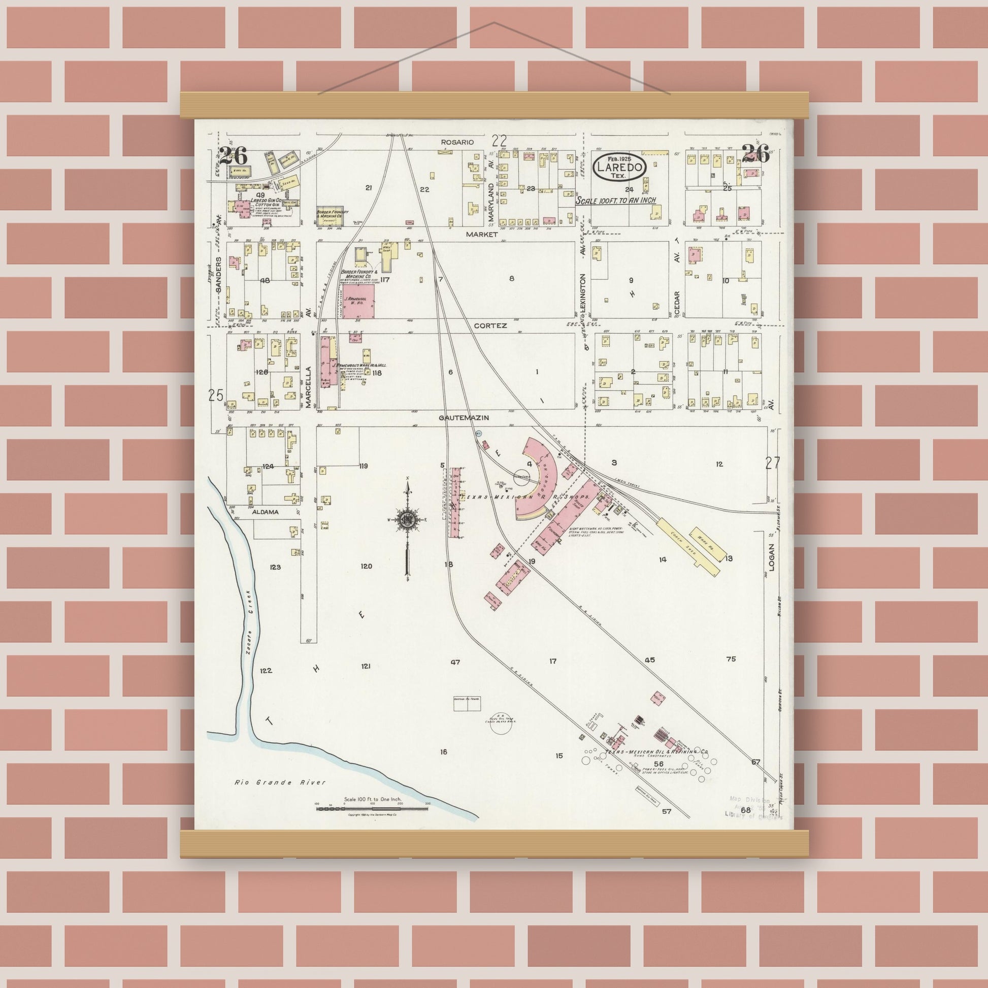 Old map wall art mockup — magnetic wood frame on brick wall — Sanborn Fire Insurance Map from Laredo, Webb County, Texas (1925), Sheet #0026