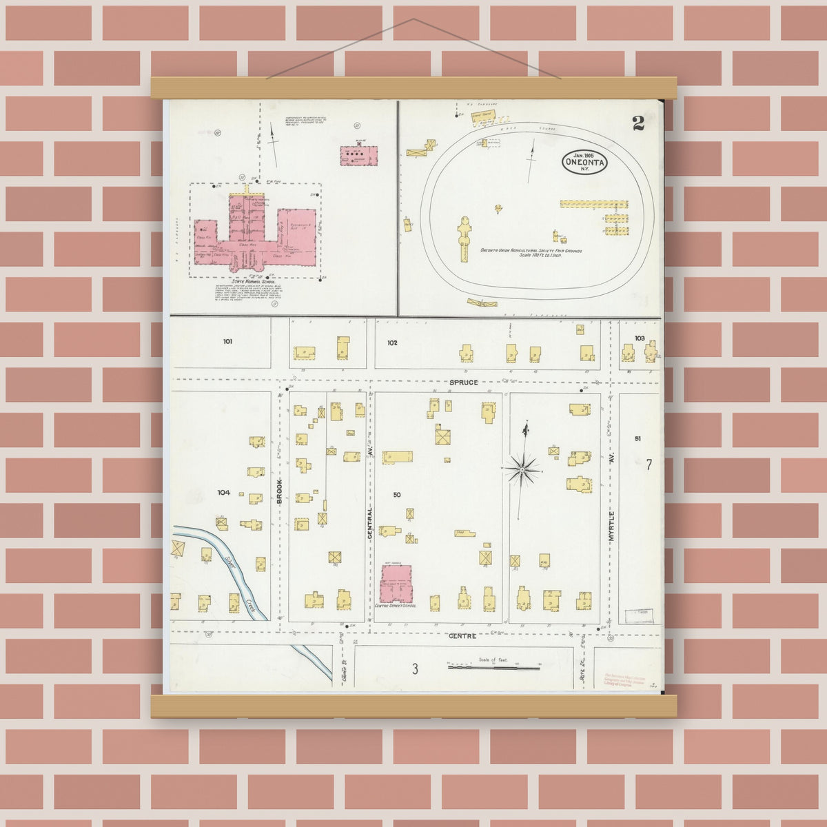 Old map wall art mockup — magnetic wood frame on brick wall — Sanborn Fire Insurance Map from Oneonta, Otsego County, New York (1905), Sheet #0002
