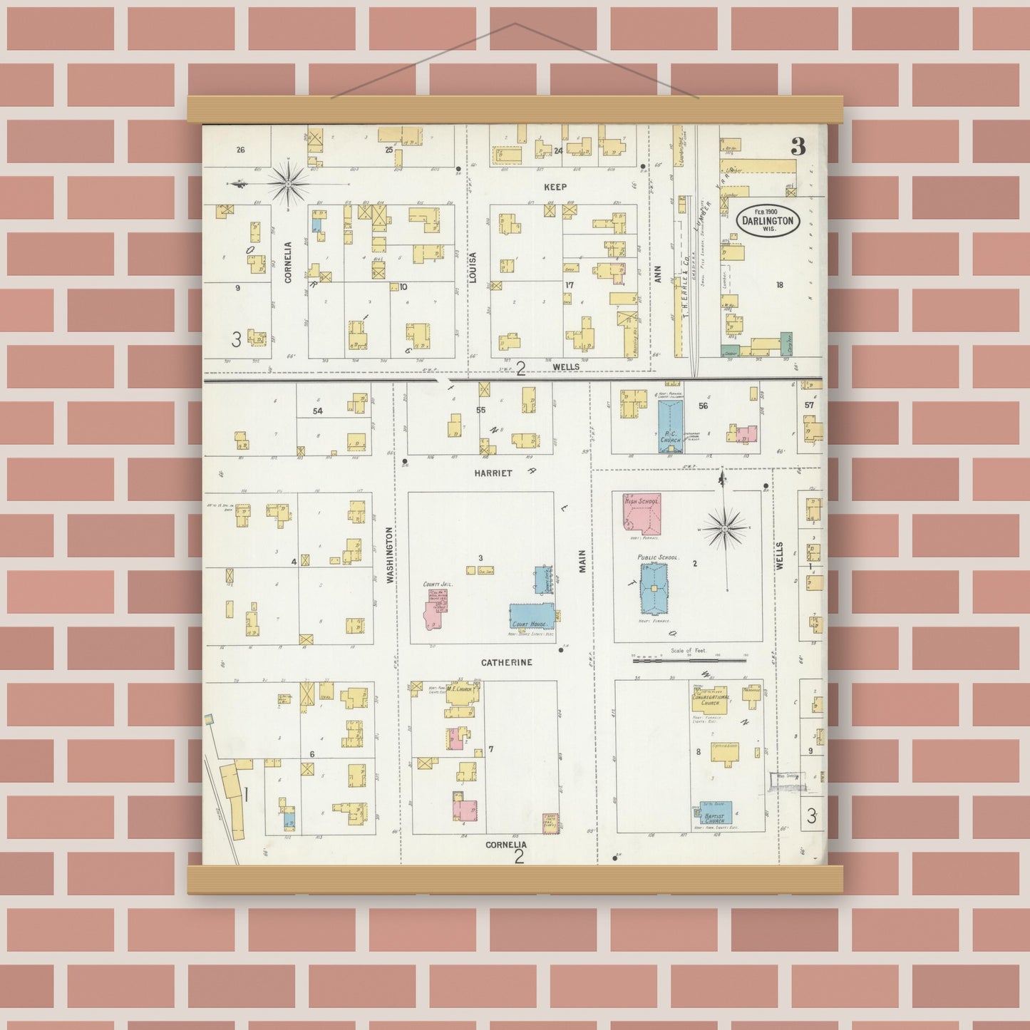 Old map wall art mockup — magnetic wood frame on brick wall — Sanborn Fire Insurance Map from Darlington, Lafayette County, Wisconsin (1900), Sheet #0003