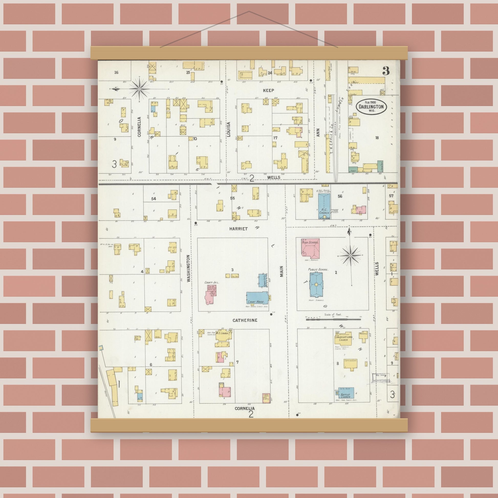 Old map wall art mockup — magnetic wood frame on brick wall — Sanborn Fire Insurance Map from Darlington, Lafayette County, Wisconsin (1900), Sheet #0003