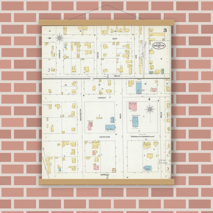 Old map wall art mockup — magnetic wood frame on brick wall — Sanborn Fire Insurance Map from Darlington, Lafayette County, Wisconsin (1900), Sheet #0003