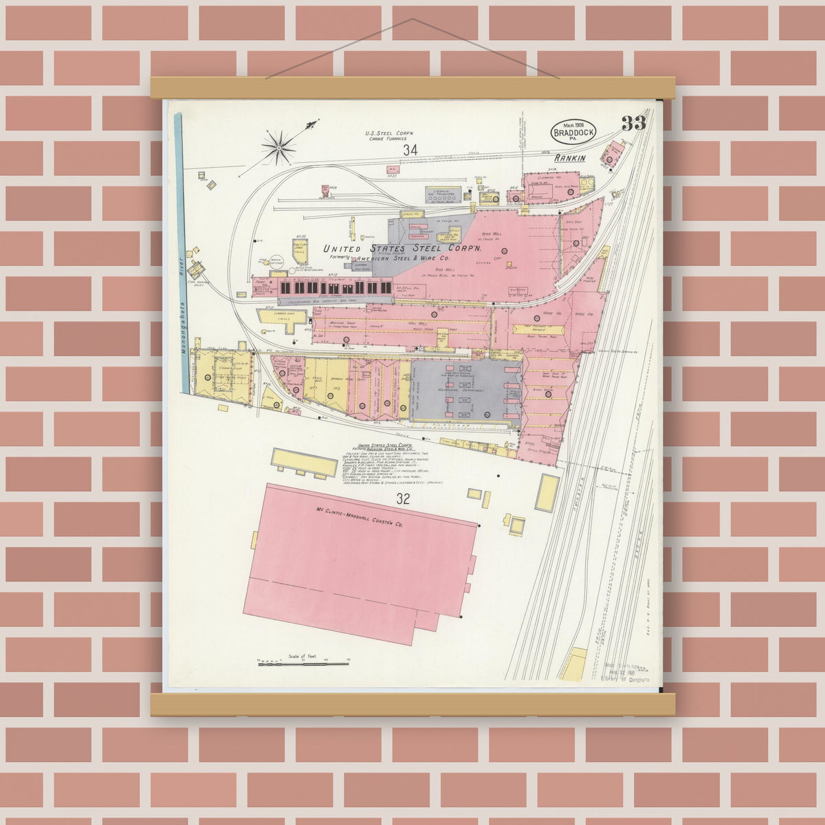 Old map wall art mockup — magnetic wood frame on brick wall — Sanborn Fire Insurance Map from Braddock, Allegheny County, Pennsylvania (1908), Sheet #0033