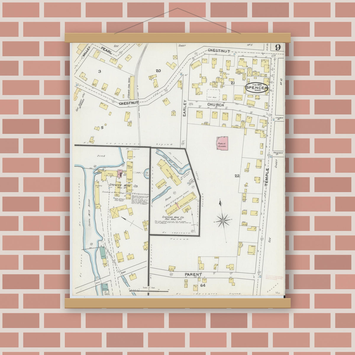 Old map wall art mockup — magnetic wood frame on brick wall — Sanborn Fire Insurance Map from Spencer, Worcester County, Massachusetts (1892), Sheet #0009