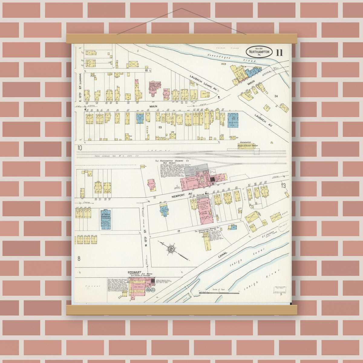 Old map wall art mockup — magnetic wood frame on brick wall — Sanborn Fire Insurance Map from Northampton, Northampton County, Pennsylvania (1911), Sheet #0011