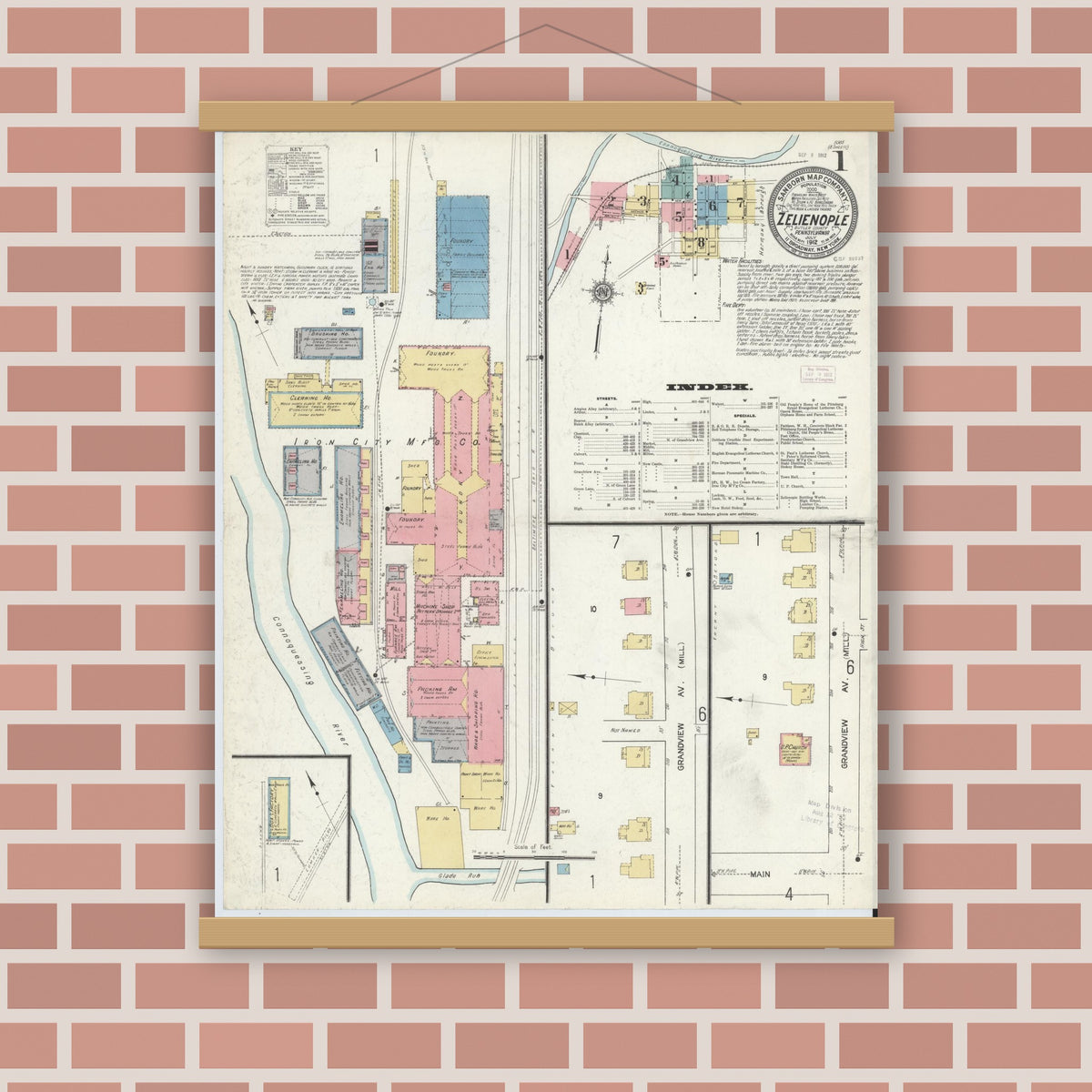 Old map wall art mockup — magnetic wood frame on brick wall — Sanborn Fire Insurance Map from Zelienople, Butler County, Pennsylvania (1912) - Complete Map Set