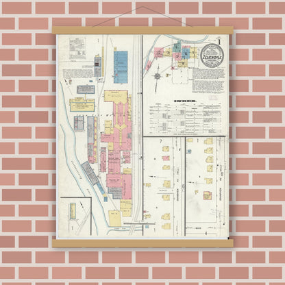 Old map wall art mockup — magnetic wood frame on brick wall — Sanborn Fire Insurance Map from Zelienople, Butler County, Pennsylvania (1912) - Complete Map Set