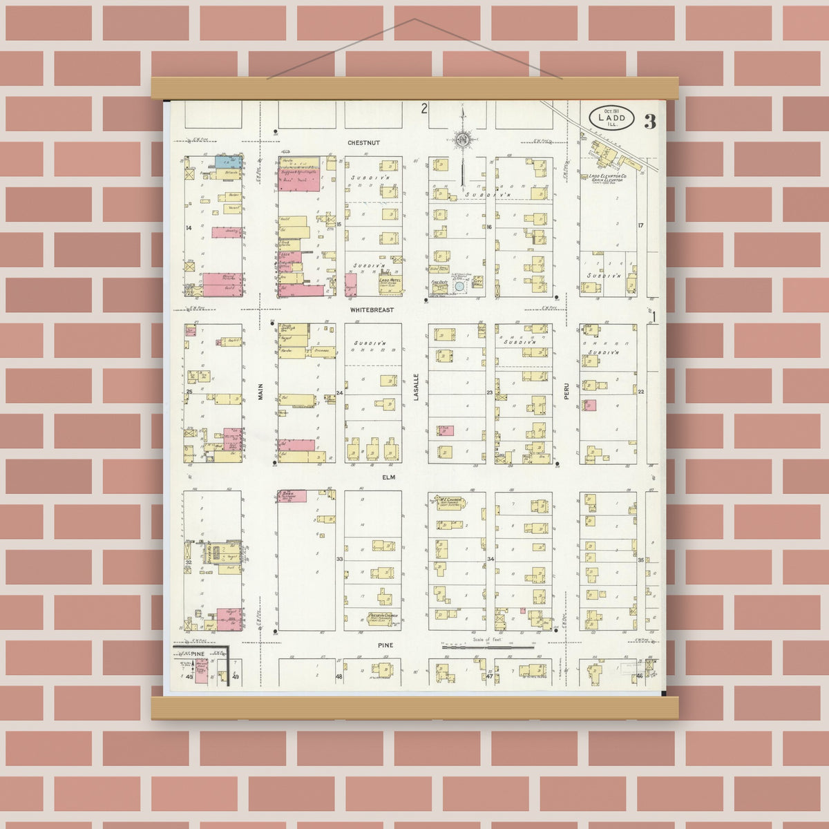 Old map wall art mockup — magnetic wood frame on brick wall — Sanborn Fire Insurance Map from Ladd, Bureau County, Illinois (1911), Sheet #0003