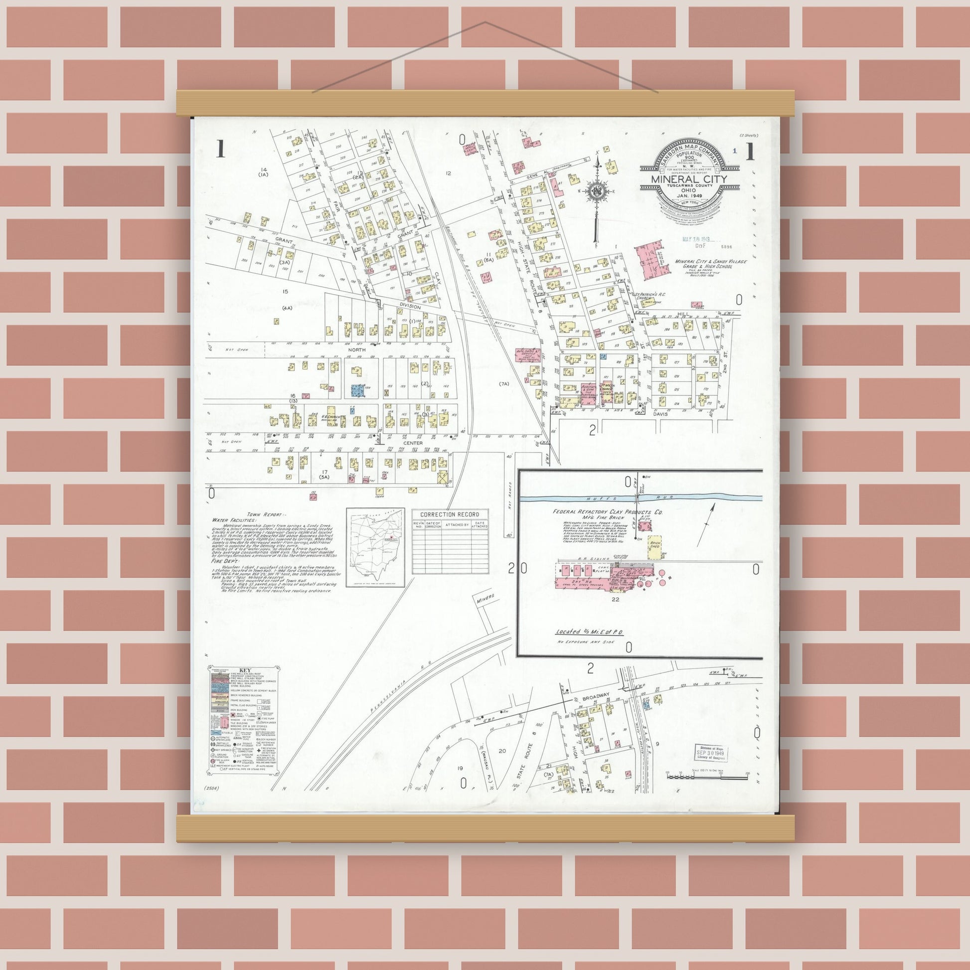 Old map wall art mockup — magnetic wood frame on brick wall — Sanborn Fire Insurance Map from Mineral City, Tuscarawas County, Ohio (1949) - Complete Map Set