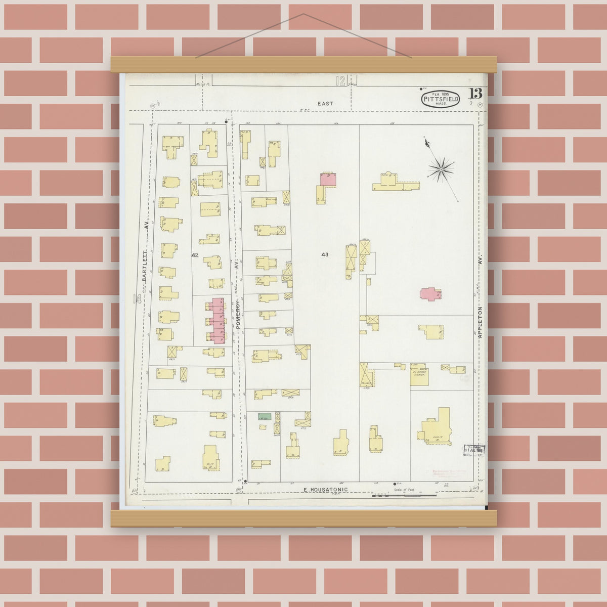 Old map wall art mockup — magnetic wood frame on brick wall — Sanborn Fire Insurance Map from Pittsfield, Berkshire County, Massachusetts (1895), Sheet #0013