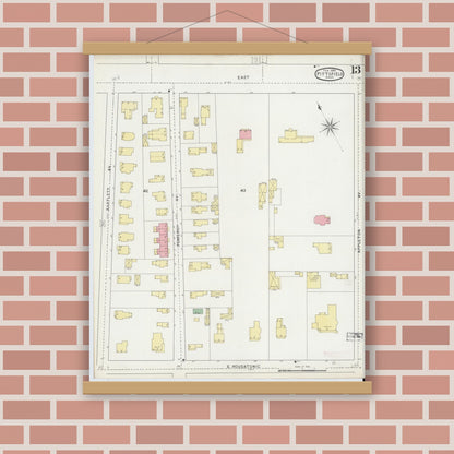 Old map wall art mockup — magnetic wood frame on brick wall — Sanborn Fire Insurance Map from Pittsfield, Berkshire County, Massachusetts (1895), Sheet #0013