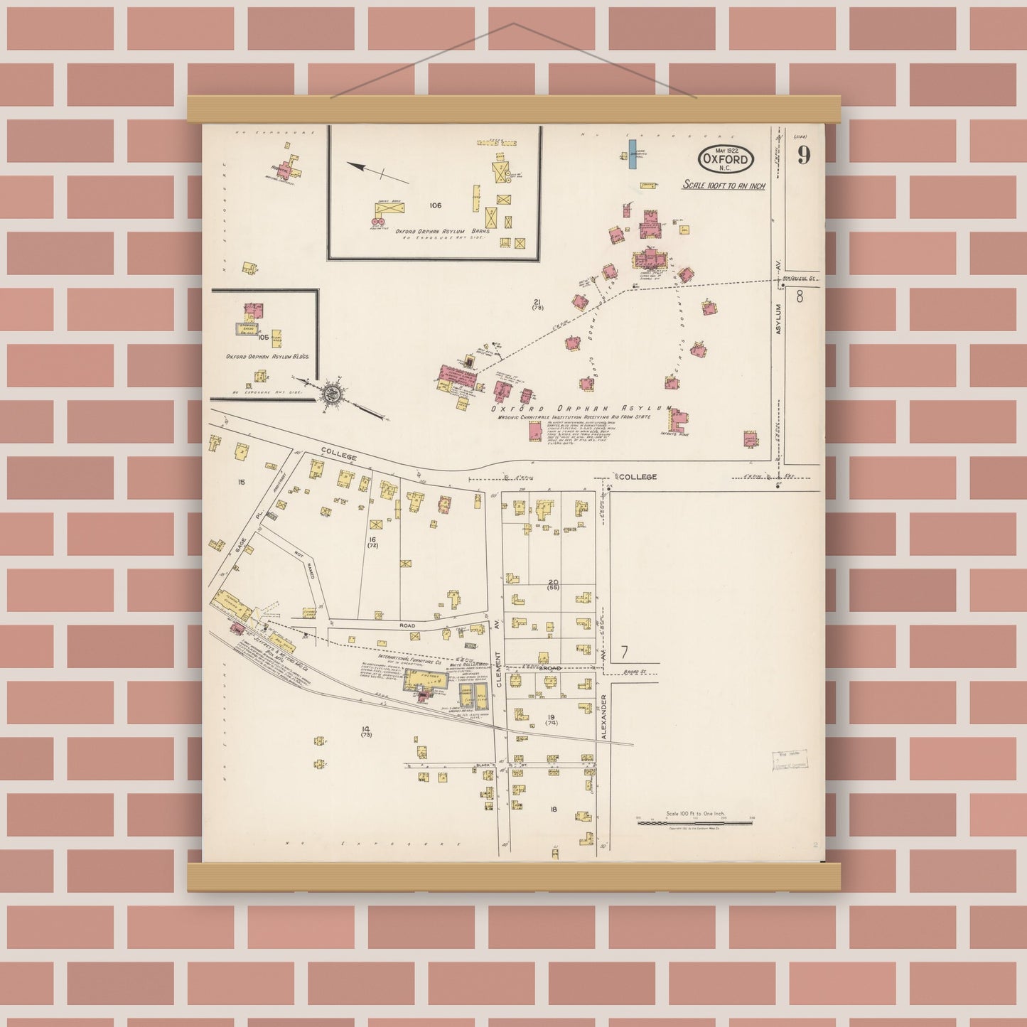 Old map wall art mockup — magnetic wood frame on brick wall — Sanborn Fire Insurance Map from Oxford, Granville County, North Carolina (1922), Sheet #0009