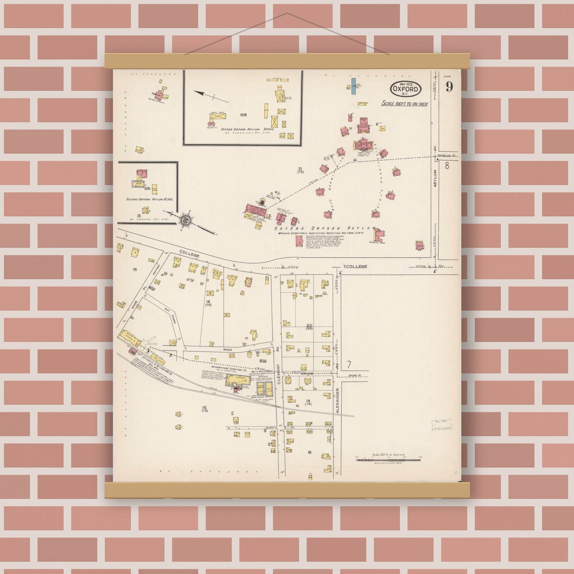 Old map wall art mockup — magnetic wood frame on brick wall — Sanborn Fire Insurance Map from Oxford, Granville County, North Carolina (1922), Sheet #0009