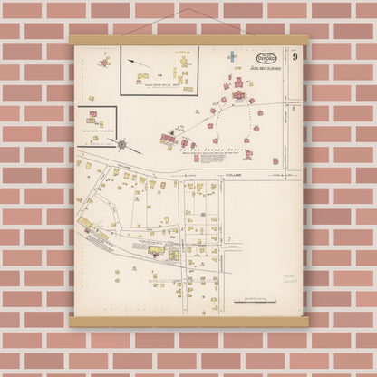 Old map wall art mockup — magnetic wood frame on brick wall — Sanborn Fire Insurance Map from Oxford, Granville County, North Carolina (1922), Sheet #0009