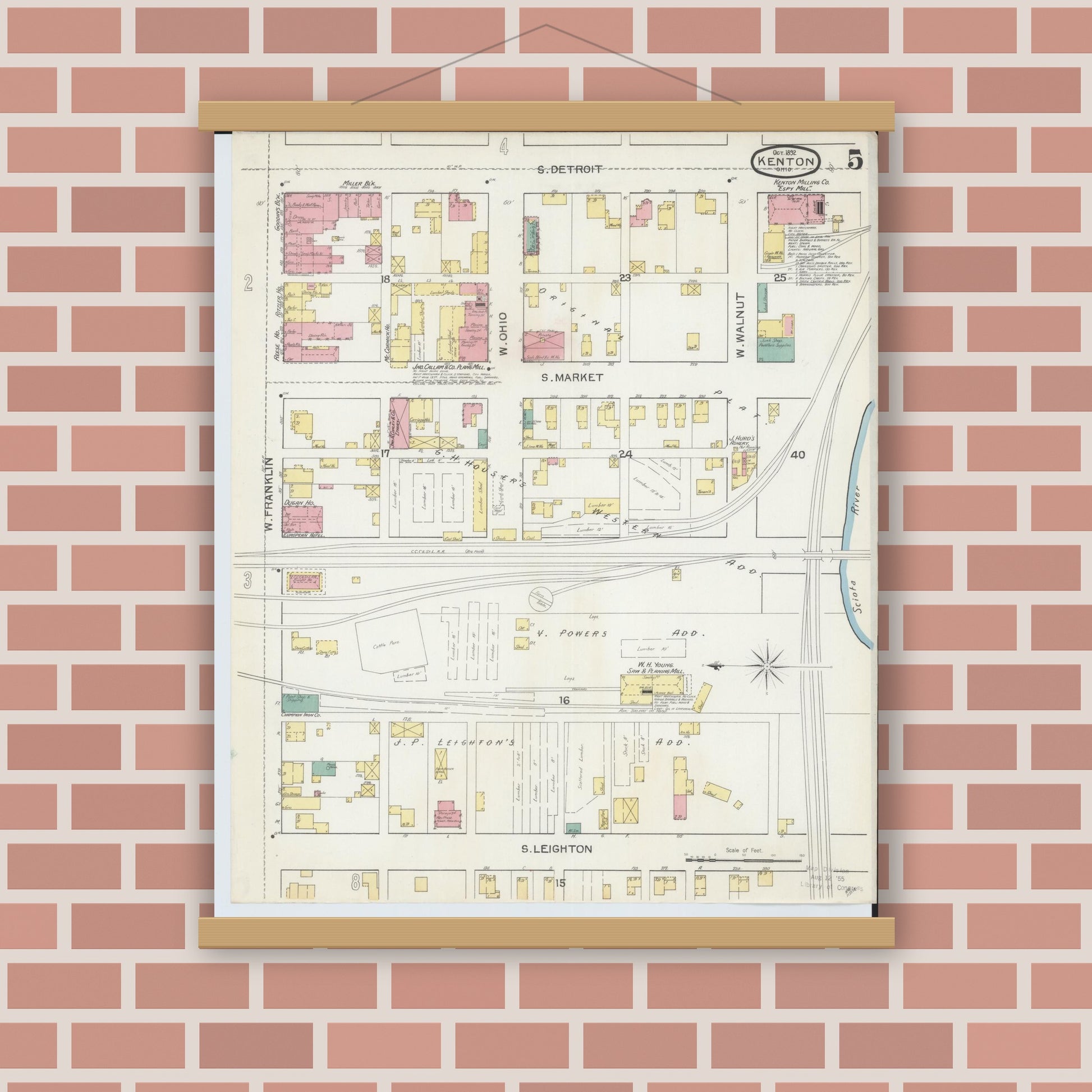Old map wall art mockup — magnetic wood frame on brick wall — Sanborn Fire Insurance Map from Kenton, Hardin County, Ohio (1892), Sheet #0005