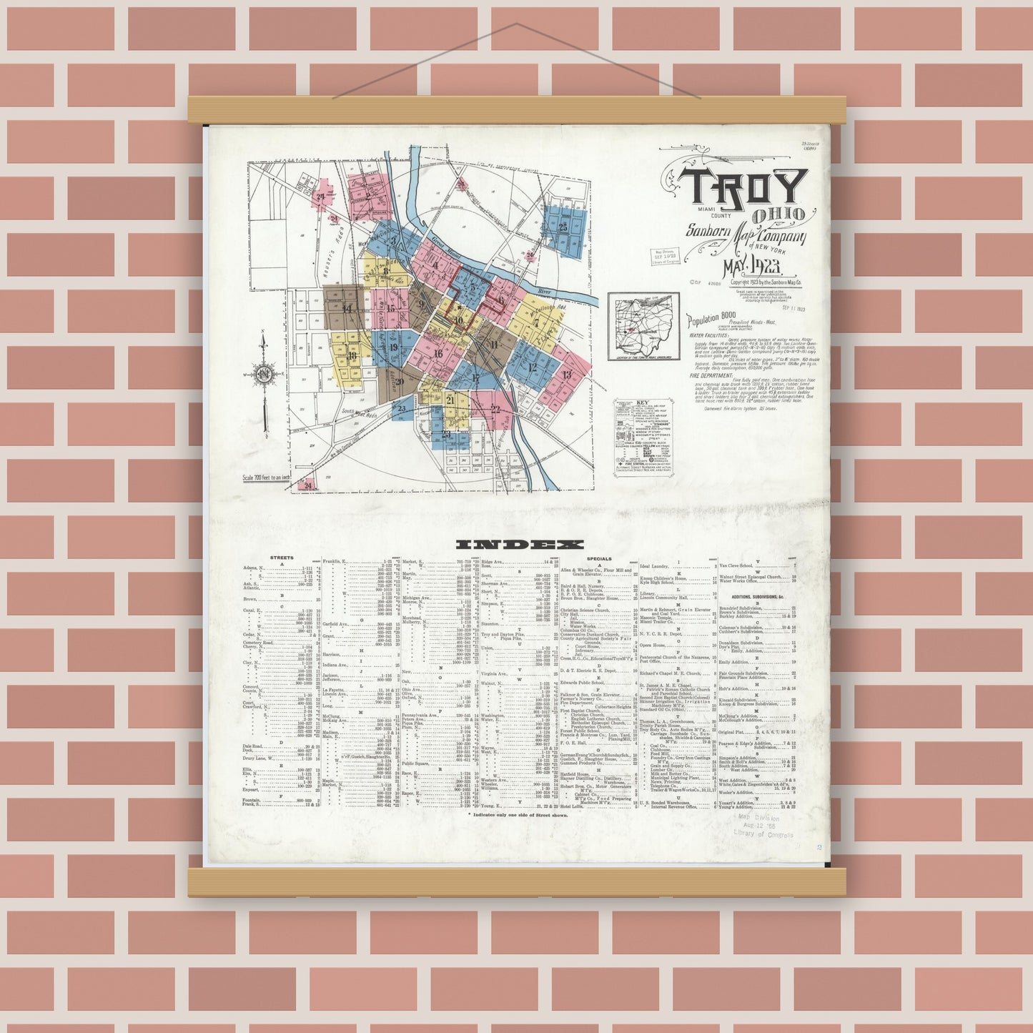 Old map wall art mockup — magnetic wood frame on brick wall — Sanborn Fire Insurance Map from Troy, Miami County, Ohio (1923), Sheet #0001