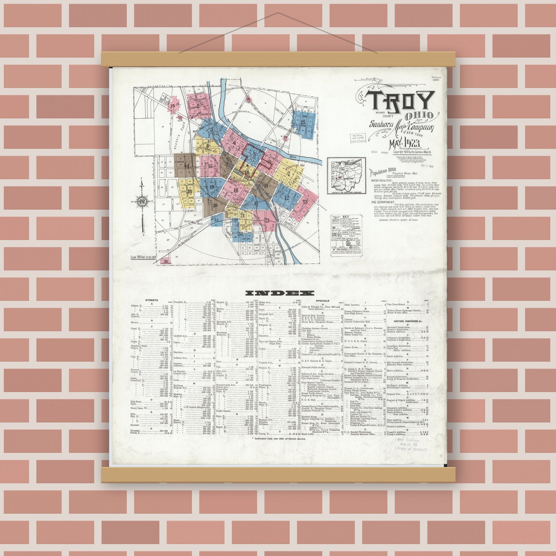 Old map wall art mockup — magnetic wood frame on brick wall — Sanborn Fire Insurance Map from Troy, Miami County, Ohio (1923), Sheet #0001