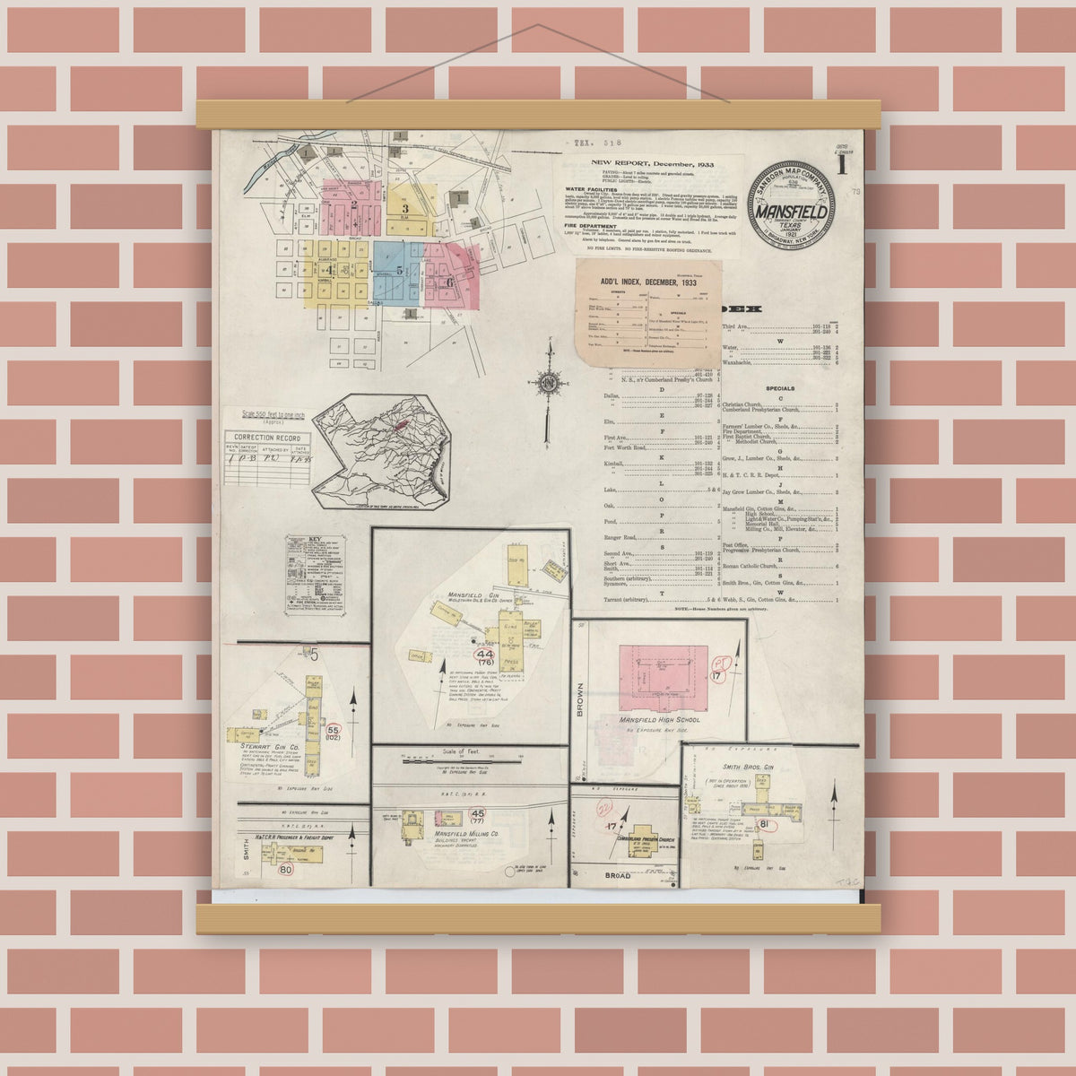 Old map wall art mockup — magnetic wood frame on brick wall — Sanborn Fire Insurance Map from Mansfield, Tarrant County, Texas (1933), Sheet #0001