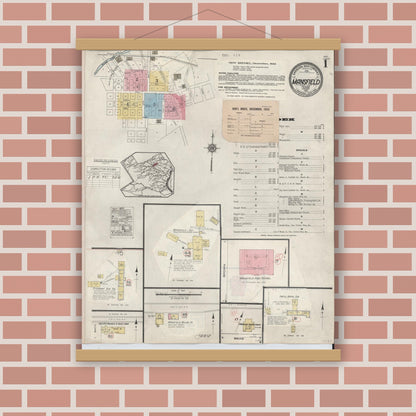 Old map wall art mockup — magnetic wood frame on brick wall — Sanborn Fire Insurance Map from Mansfield, Tarrant County, Texas (1933), Sheet #0001