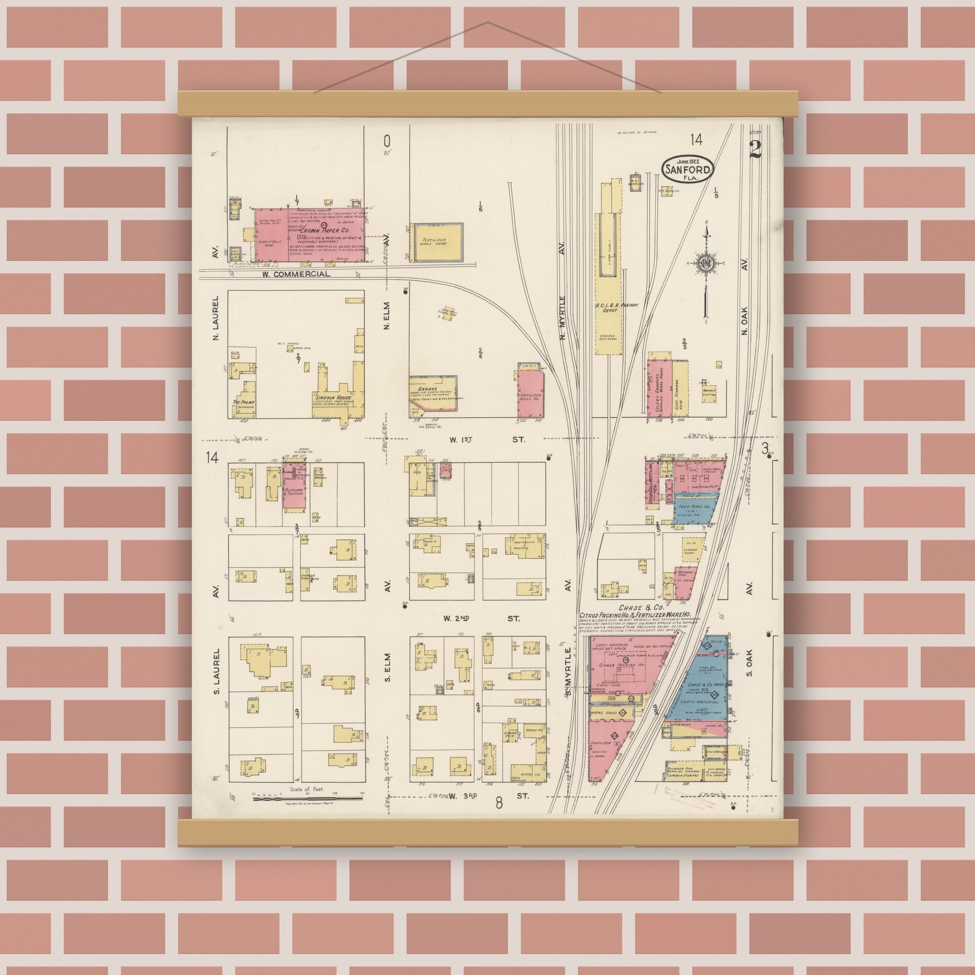 Old map wall art mockup — magnetic wood frame on brick wall — Sanborn Fire Insurance Map from Sanford, Seminole County, Florida (1922), Sheet #0002