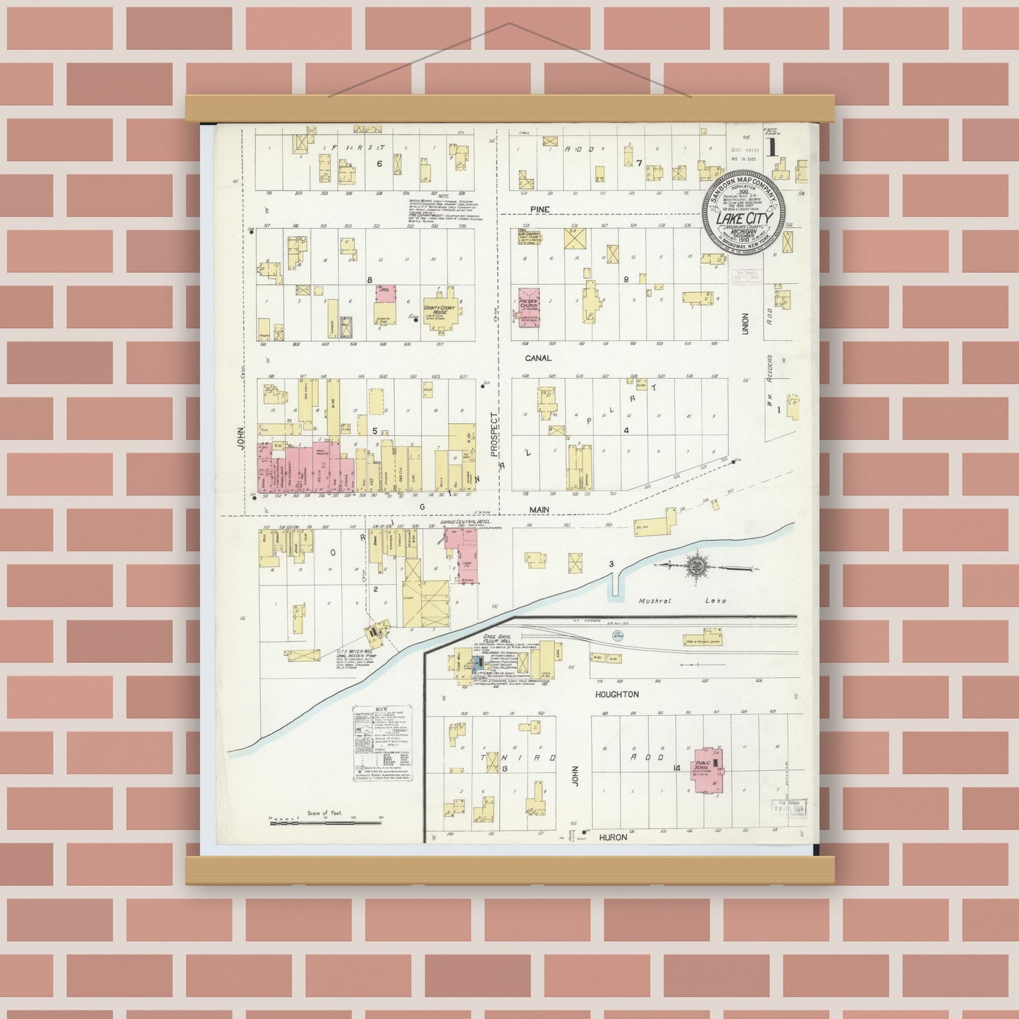 Old map wall art mockup — magnetic wood frame on brick wall — Sanborn Fire Insurance Map from Lake City, Missaukee County, Michigan (1910) - Complete Map Set