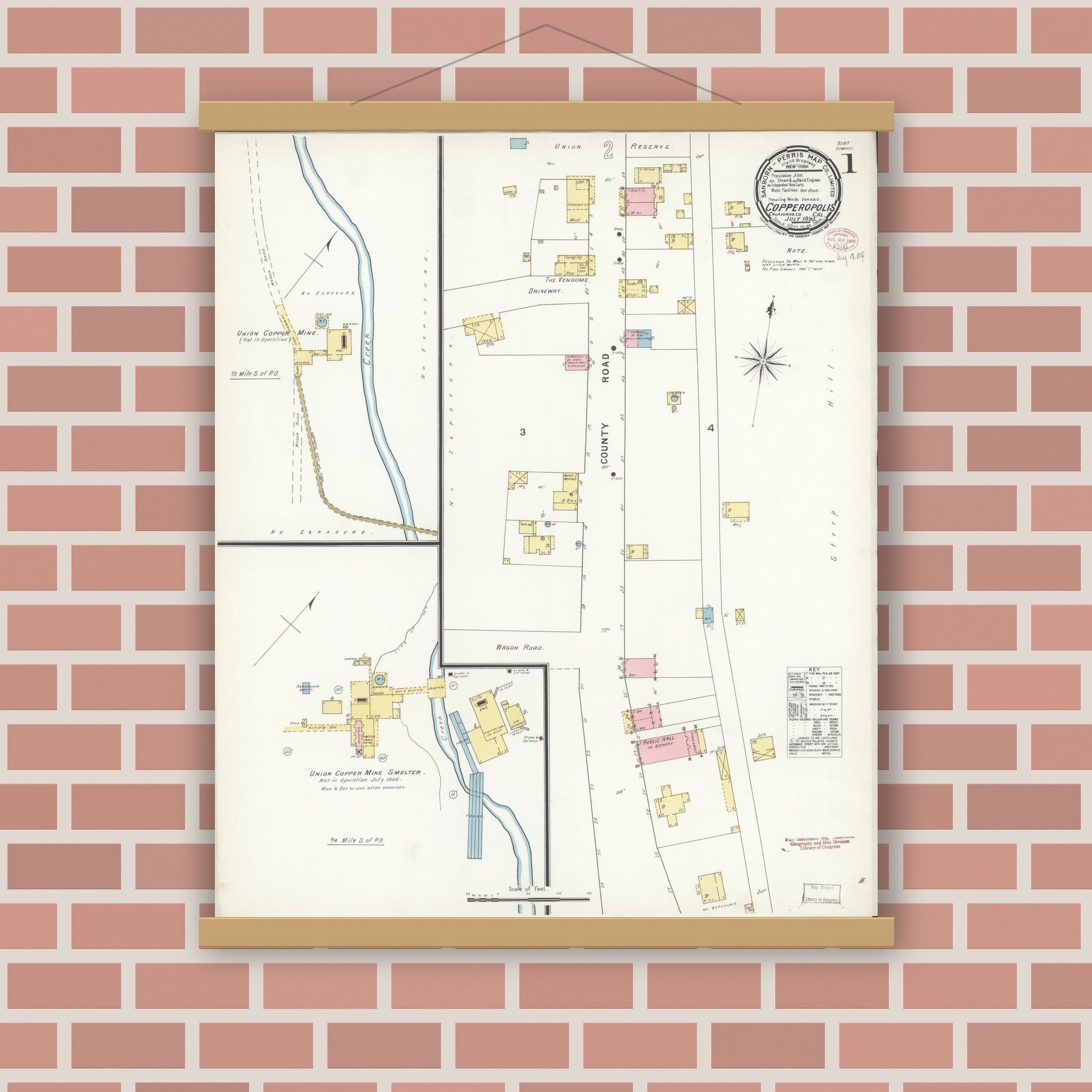 Old map wall art mockup — magnetic wood frame on brick wall — Sanborn Fire Insurance Map from Copperopolis, Calaveras County, California (1895) - Complete Map Set