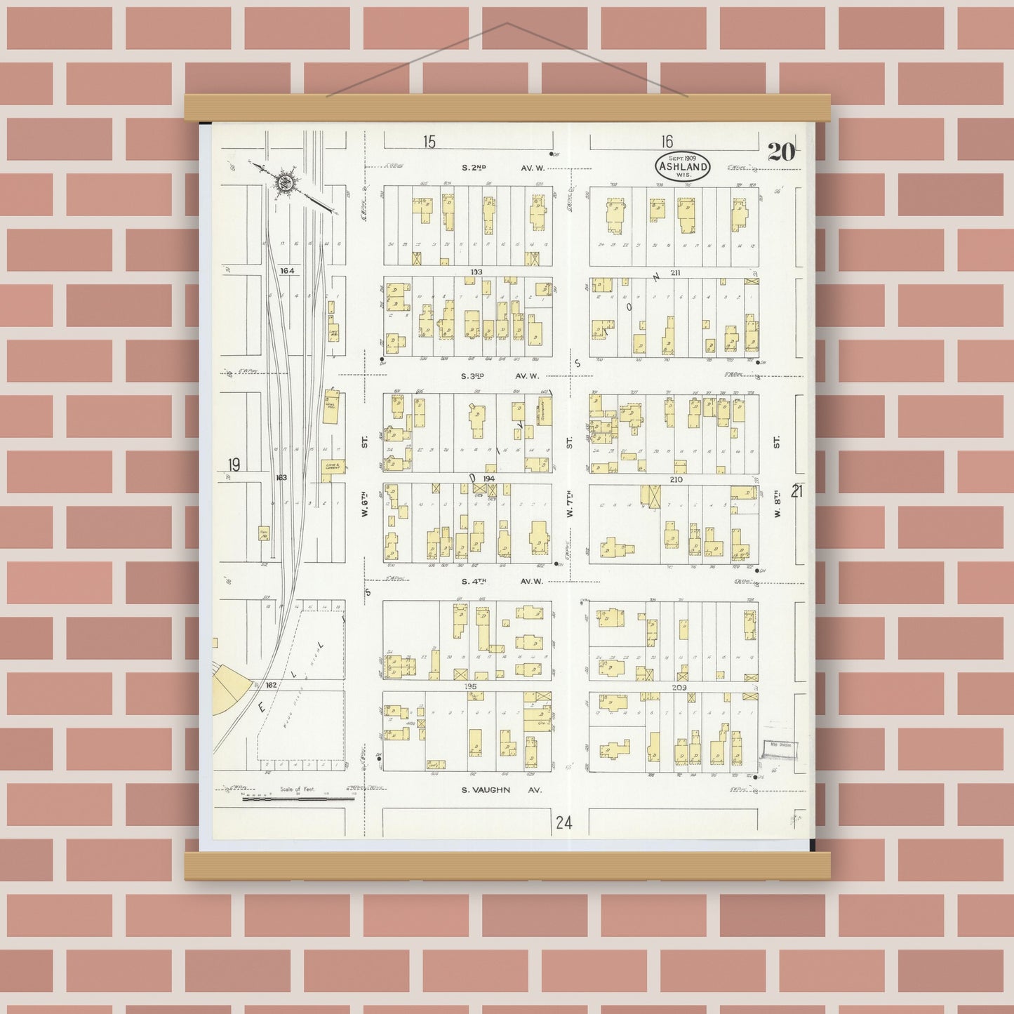 Old map wall art mockup — magnetic wood frame on brick wall — Sanborn Fire Insurance Map from Ashland, Ashland County, Wisconsin (1909), Sheet #0020