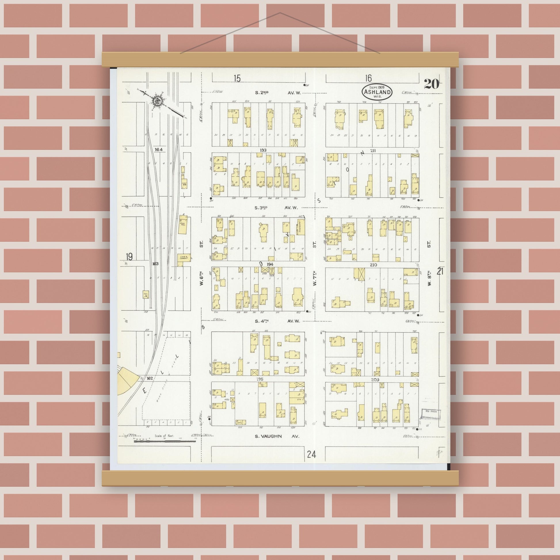 Old map wall art mockup — magnetic wood frame on brick wall — Sanborn Fire Insurance Map from Ashland, Ashland County, Wisconsin (1909), Sheet #0020