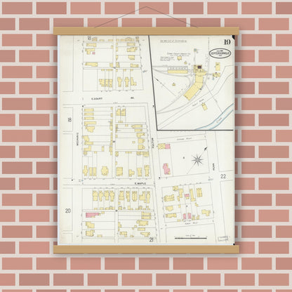 Old map wall art mockup — magnetic wood frame on brick wall — Sanborn Fire Insurance Map from Jeffersonville, Clark County, Indiana (1898), Sheet #0019