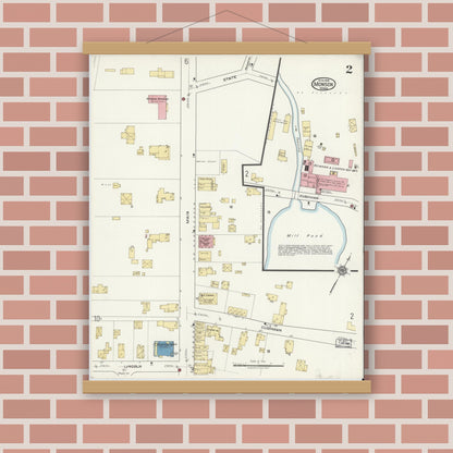 Old map wall art mockup — magnetic wood frame on brick wall — Sanborn Fire Insurance Map from Monson, Hampden County, Massachusetts (1918), Sheet #0002
