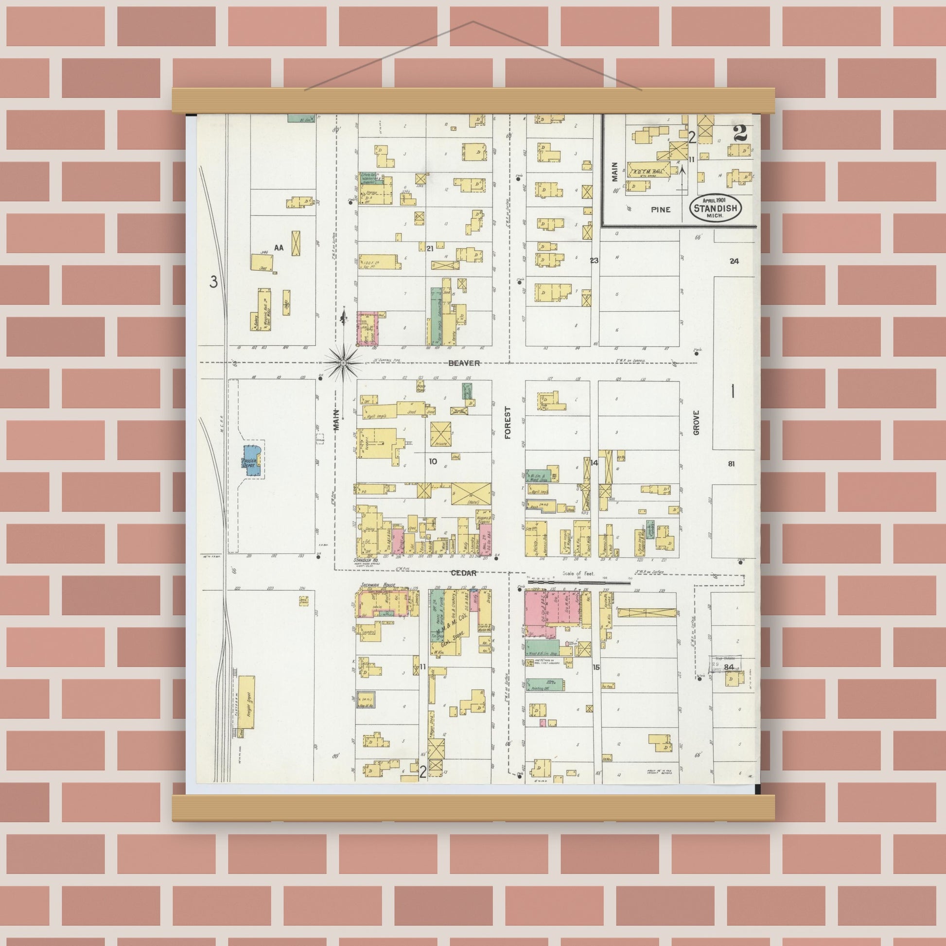 Old map wall art mockup — magnetic wood frame on brick wall — Sanborn Fire Insurance Map from Standish, Arenac County, Michigan (1901), Sheet #0002