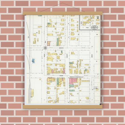 Old map wall art mockup — magnetic wood frame on brick wall — Sanborn Fire Insurance Map from Standish, Arenac County, Michigan (1901), Sheet #0002