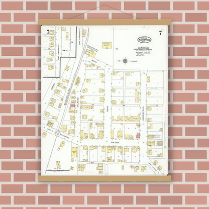 Old map wall art mockup — magnetic wood frame on brick wall — Sanborn Fire Insurance Map from Woodsfield, Monroe County, Ohio (1923), Sheet #0007