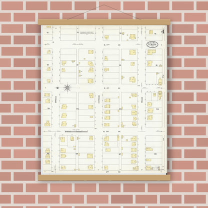 Old map wall art mockup — magnetic wood frame on brick wall — Sanborn Fire Insurance Map from Teague, Freestone County, Texas (1908), Sheet #0004