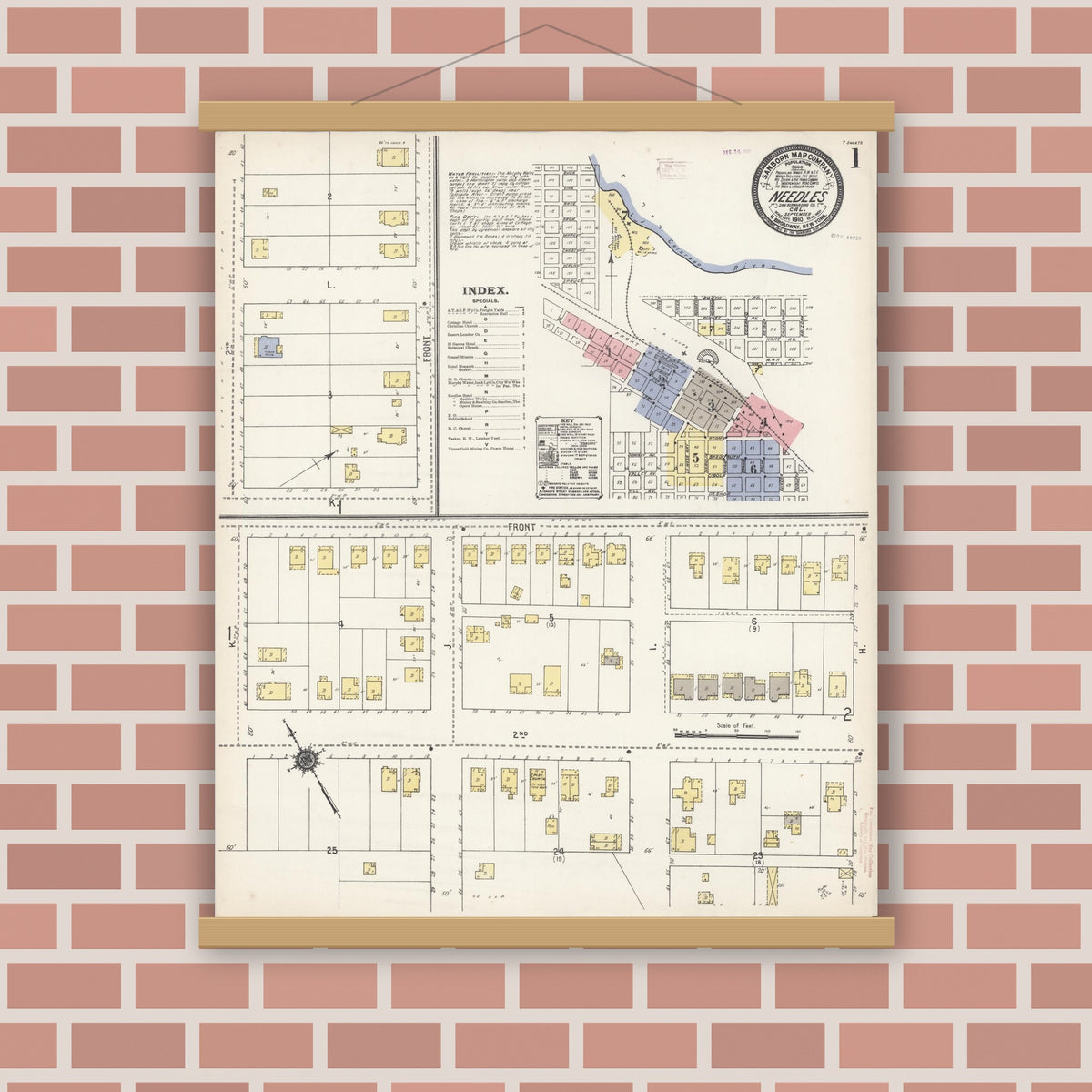 Old map wall art mockup — magnetic wood frame on brick wall — Sanborn Fire Insurance Map from Needles, San Bernardino County, California (1910) - Complete Map Set