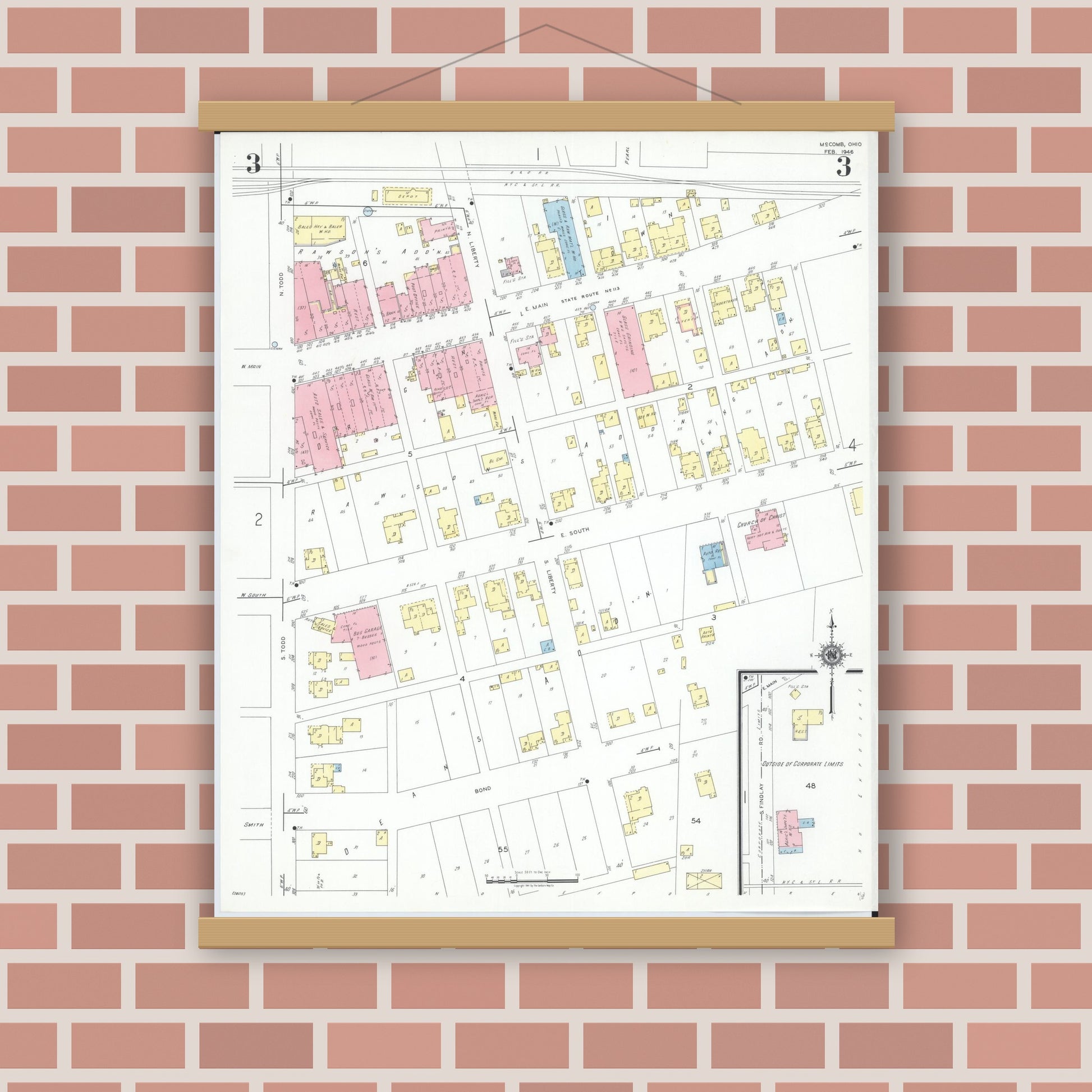 Old map wall art mockup — magnetic wood frame on brick wall — Sanborn Fire Insurance Map from McComb, Hancock County, Ohio (1946), Sheet #0003