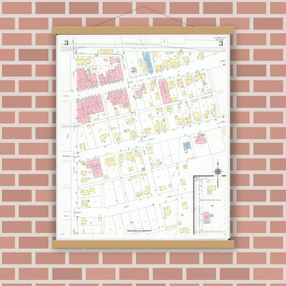 Old map wall art mockup — magnetic wood frame on brick wall — Sanborn Fire Insurance Map from McComb, Hancock County, Ohio (1946), Sheet #0003