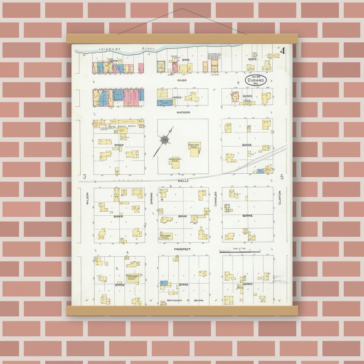 Old map wall art mockup — magnetic wood frame on brick wall — Sanborn Fire Insurance Map from Durand, Pepin County, Wisconsin (1910), Sheet #0004