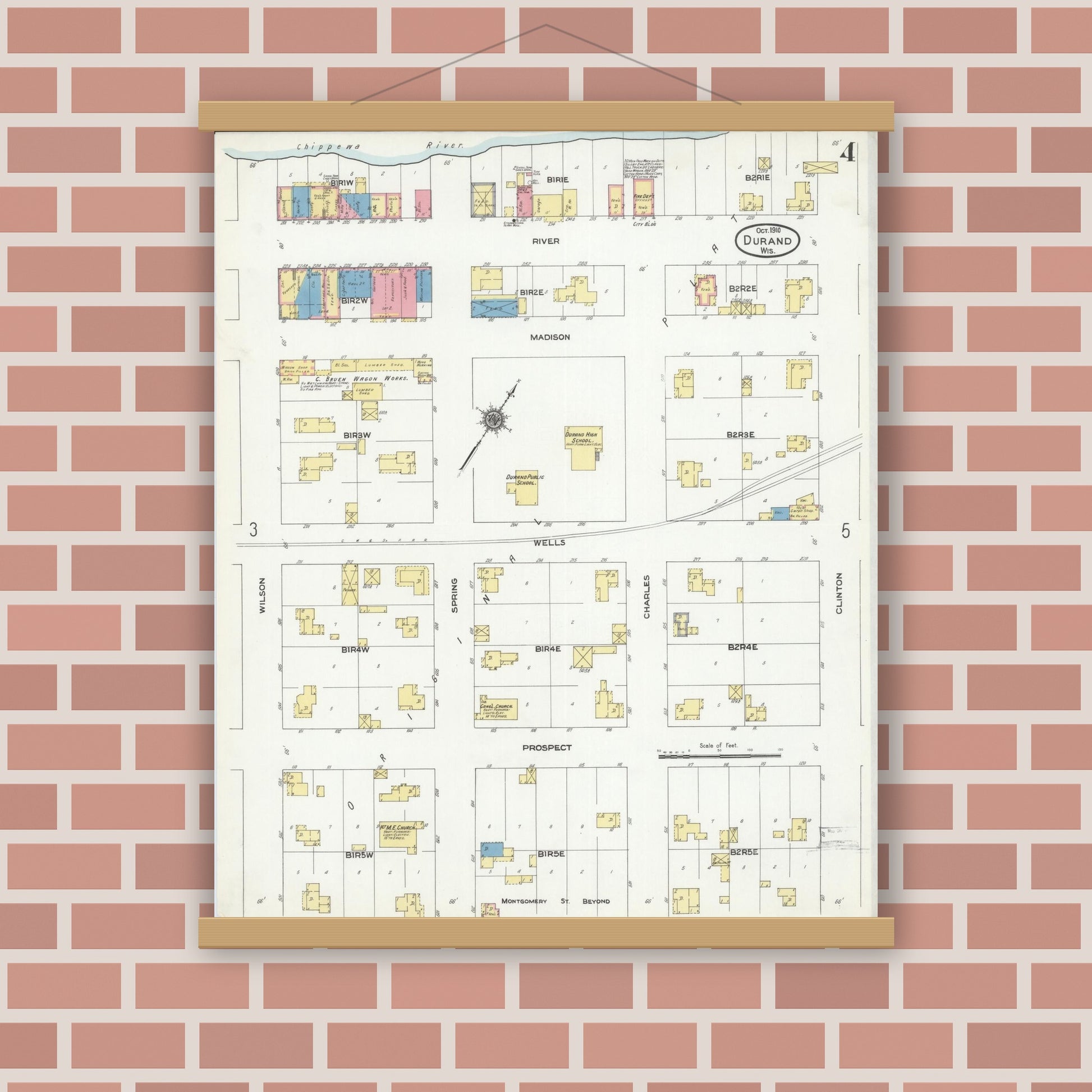 Old map wall art mockup — magnetic wood frame on brick wall — Sanborn Fire Insurance Map from Durand, Pepin County, Wisconsin (1910), Sheet #0004