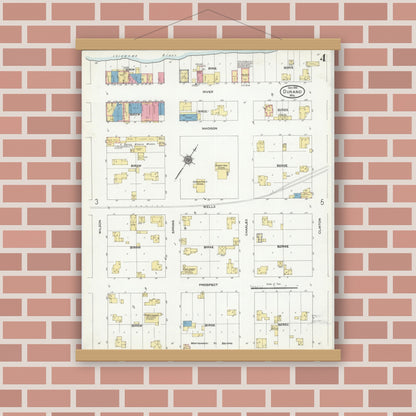 Old map wall art mockup — magnetic wood frame on brick wall — Sanborn Fire Insurance Map from Durand, Pepin County, Wisconsin (1910), Sheet #0004