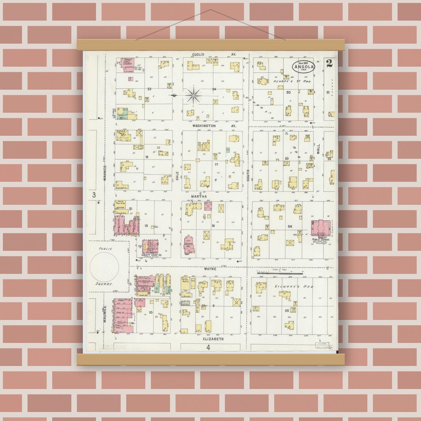 Old map wall art mockup — magnetic wood frame on brick wall — Sanborn Fire Insurance Map from Angola, Steuben County, Indiana (1897), Sheet #0002