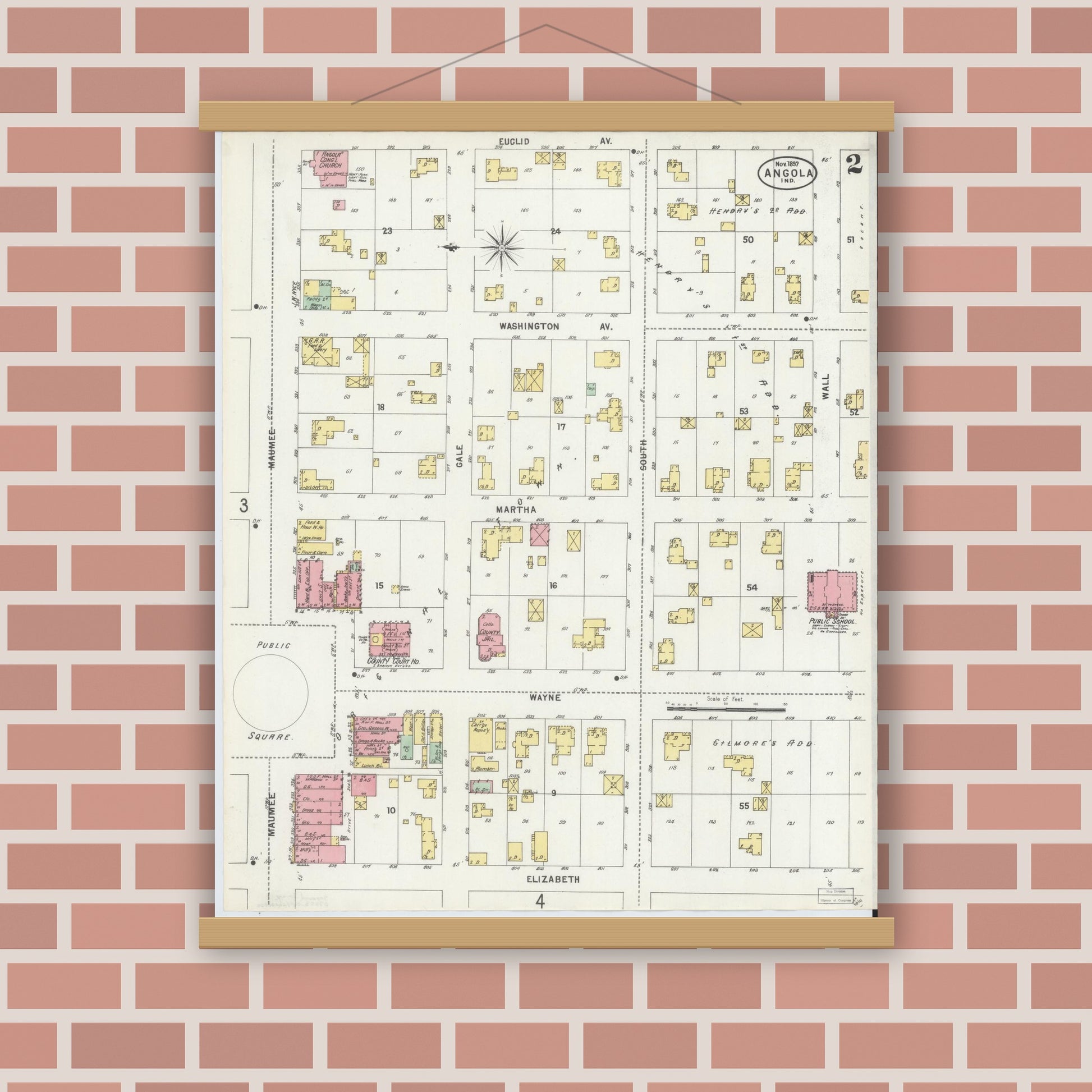 Old map wall art mockup — magnetic wood frame on brick wall — Sanborn Fire Insurance Map from Angola, Steuben County, Indiana (1897), Sheet #0002
